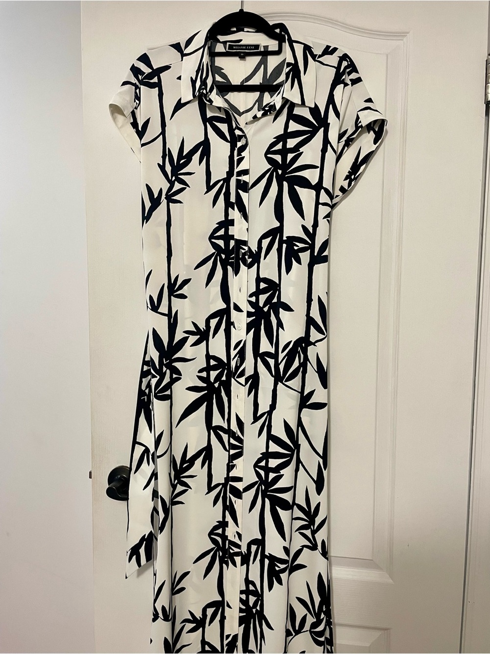 Melanie Lynne Button-Front Black & White Botanical Maxi Shirt Dress, Size 10